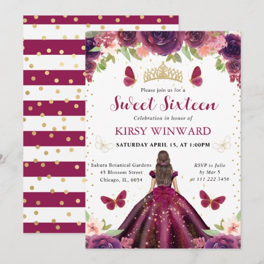 Invitation Robe prune brunette princesse Sweet 16 (Devant / Derrière)