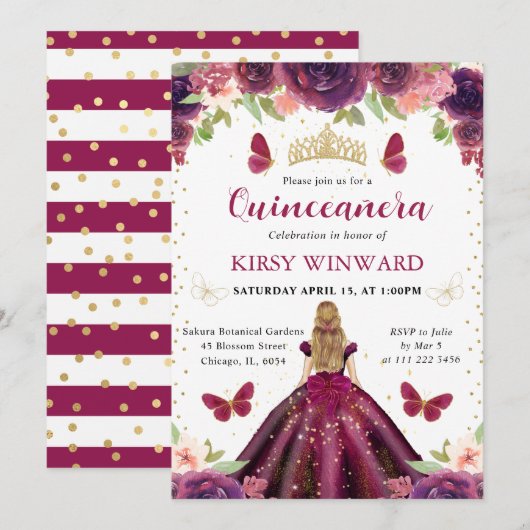Invitation Robe prune princesse blonde Quinceanera (Devant / Derrière)