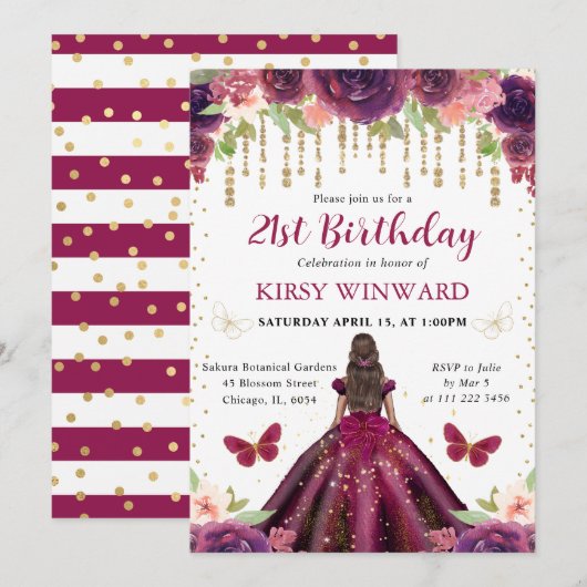 Invitation Robe prune princesse peau noire anniversaire (Devant / Derrière)