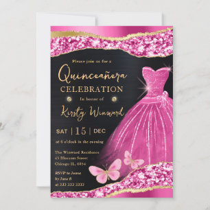 Invitation Robe Quinceanera Aquarelle Rose et Paillettes Doré