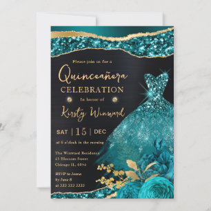 Invitation Robe Quinceanera aquarelle sarcelle et paillettes 