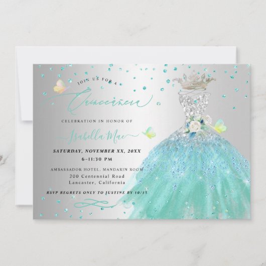 Invitation Robe Quinceanera en argent Turquoise (Devant)