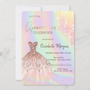Invitation Robe Quinceañera Holographique à Gouttes de Paill