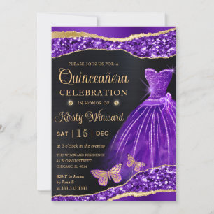 Invitation Robe Quinceanera Pailletée Or Violet Aquarelle