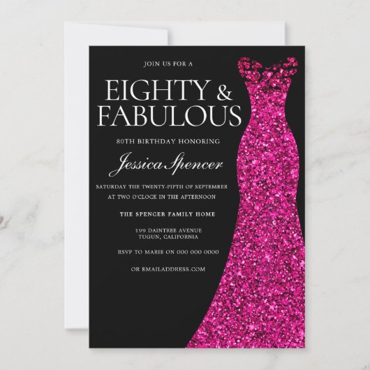 Invitation Robe rose 80 et fabuleux 80e anniversaire Noir (Devant)