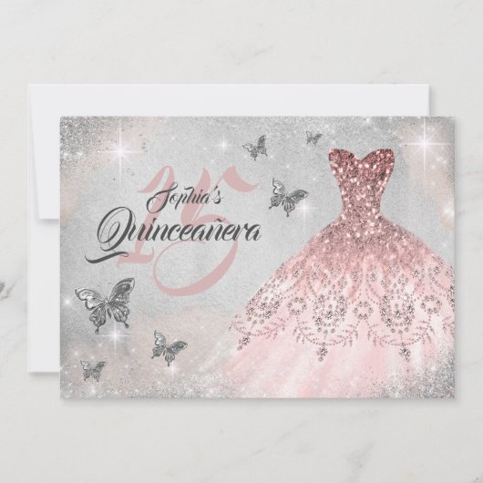 Invitation Robe rose à papillon d'or étincelante Quinceanera (Devant)
