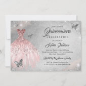 Invitation Robe rose à papillon d'or étincelante Quinceanera (Dos)