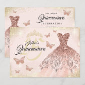 Invitation Robe rose à papillon Quinceanera en or (Devant / Derrière)