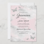 Invitation Robe rose Aquarelle Argent Robe Papillon Quinceane (Devant)