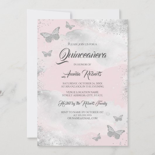 Invitation Robe rose Aquarelle Argent Robe Papillon Quinceane (Devant)