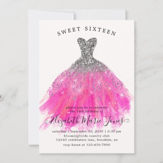 Invitation Robe rose argent chic doux 16e anniversaire (Devant)