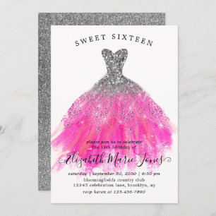 Invitation Robe rose argent chic doux 16e anniversaire