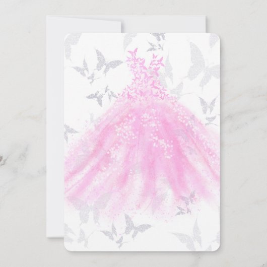 Invitation Robe rose Argent Papillon Danser Robe Douce 16 Par (Dos)
