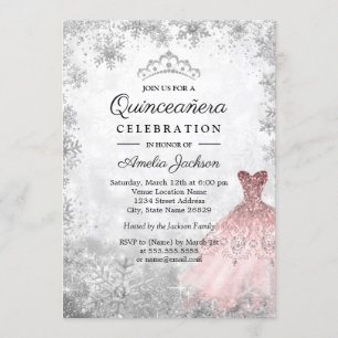 Invitation Robe rose argentée flocons de neige Quinceanera d'