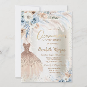 Invitation Robe Rose bleue Pampas Herbe Quinceanera