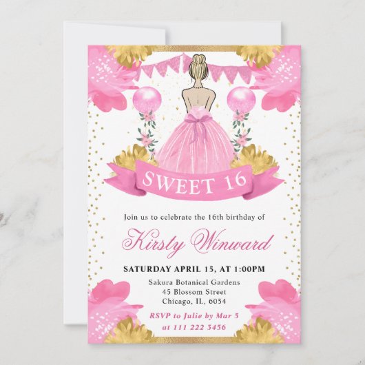Invitation Robe rose Blonde Princesse Sweet 16 (Devant)
