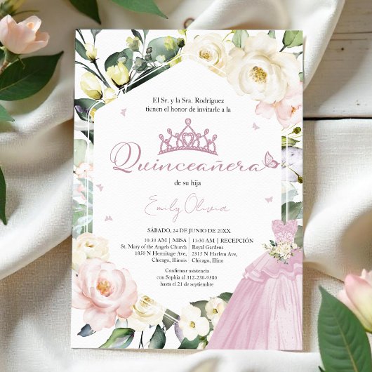 Invitation Robe rose Boho Cadre Floral Quinceañera espagnol
