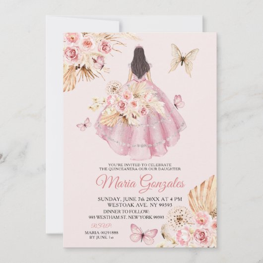 Invitation Robe rose Boho Papillon Floral Princess 15 Años (Devant)