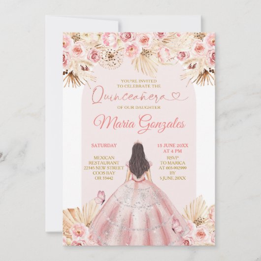 Invitation Robe rose boho princesse florale Quinceañera (Devant)