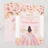 Invitation Robe rose boho princesse florale Quinceañera (Devant / Derrière)