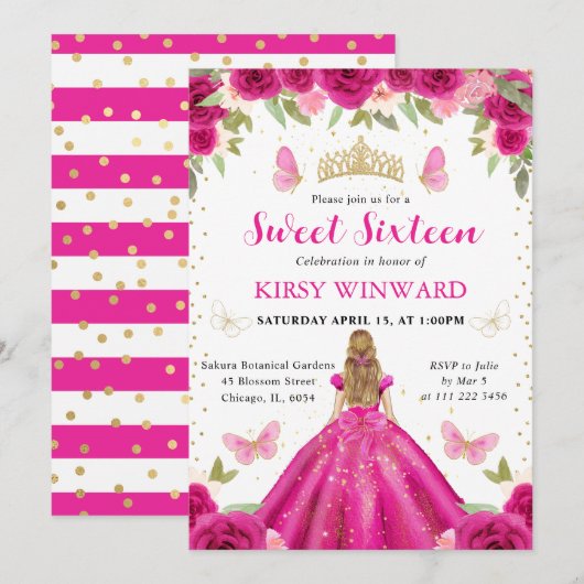Invitation Robe Rose Chaud Princesse Blonde Sweet 16 (Devant / Derrière)