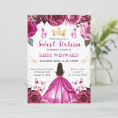 Invitation Robe Rose Chaud Princesse Brune Douce 16 Ans (Debout devant)
