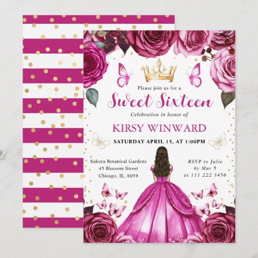 Invitation Robe Rose Chaud Princesse Brune Douce 16 Ans (Devant / Derrière)