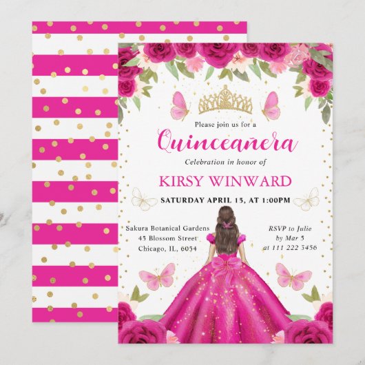 Invitation Robe rose chaude Brunette Princesse Quinceanera (Devant / Derrière)