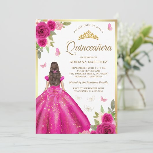 Invitation Robe rose chaude papillon Or Quinceanera (Debout devant)