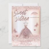 Invitation Robe Rose chic en or gliterie papillon tiara Invi (Devant)
