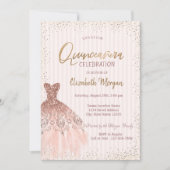 Invitation Robe Rose Chic Or Confetti Stripes Quinceañera (Devant)
