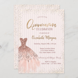 Invitation Robe Rose Chic Or Confetti Stripes Quinceañera