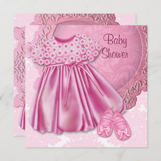 Invitation Robe rose Damas rose bébé fille douche (Devant / Derrière)