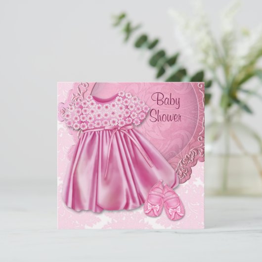 Invitation Robe rose Damas rose bébé fille douche (Debout devant)