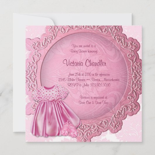 Invitation Robe rose Damas rose bébé fille douche (Dos)