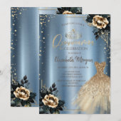 Invitation Robe rose, Diamants Bleu Métal Quinceañera (Devant / Derrière)