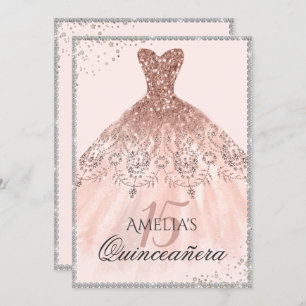 Invitation Robe Rose d'or en argent Éperche 15e Quinceanera