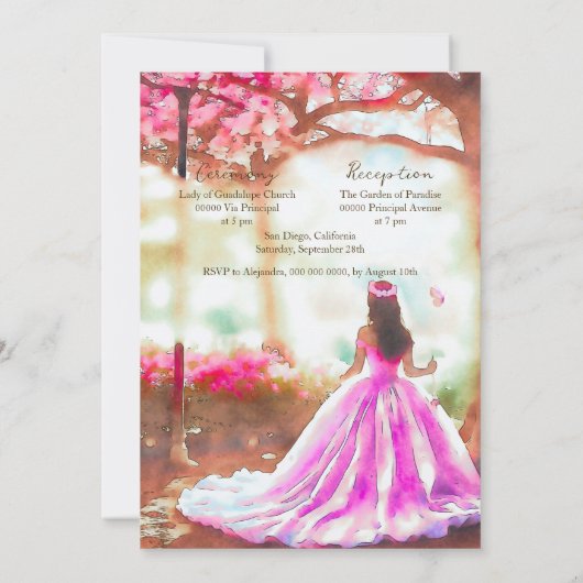 Invitation Robe rose élégant Aquarelle Jardin Quinceañera (Dos)