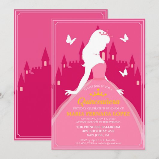 Invitation Robe rose élégant Quinceañera Anniversaire (Devant / Derrière)