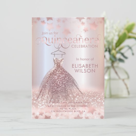 Invitation Robe rose en or gliteuse étoiles Quinceañera (Debout devant)