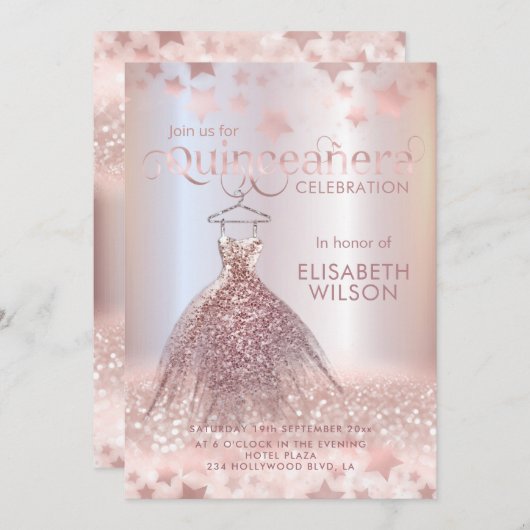 Invitation Robe rose en or gliteuse étoiles Quinceañera (Devant / Derrière)