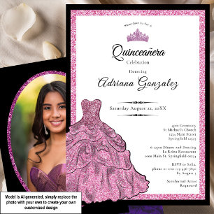 Invitation Robe rose et diadème personnalisé pour Quinceanera