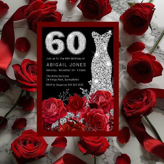 Invitation Robe rose et diamant Bordure rouge 60e anniversair