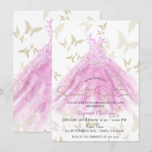 Invitation Robe rose et or Danse Papillon Sweet 16 (Devant / Derrière)