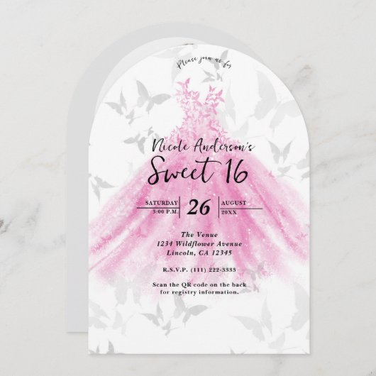 Invitation Robe rose et or papillon Dance robe douce 16 (Devant / Derrière)