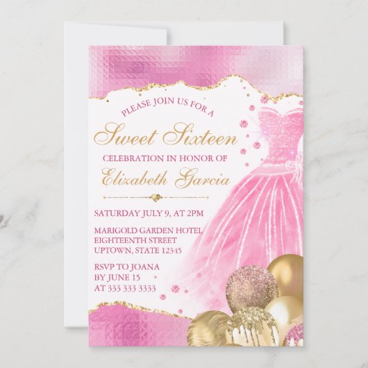 Invitation Robe rose et Parties scintillant or Ballons doux 1 (Devant)