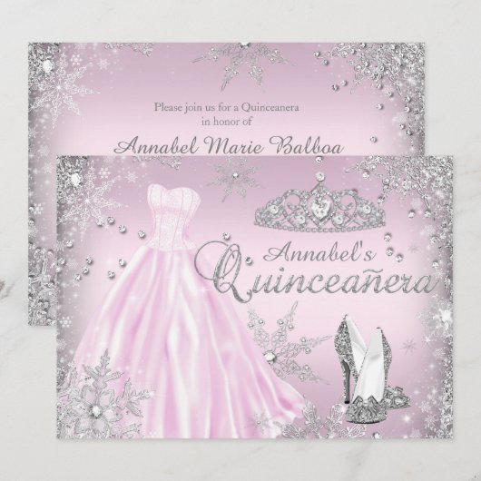 Invitation Robe rose étincelle Tiara Quinceanera (Devant / Derrière)