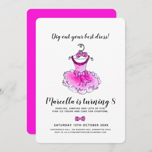 Invitation Robe rose fête filles (Devant / Derrière)