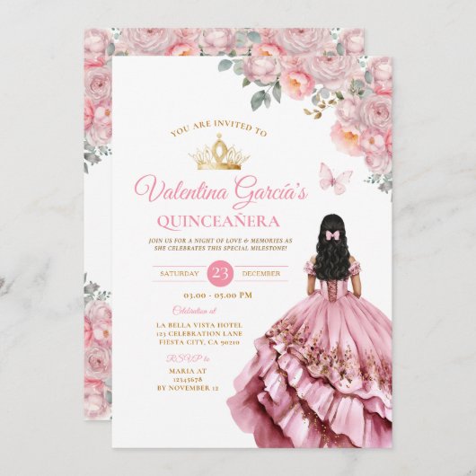 Invitation Robe rose fille Quinceañera 15 Anos Fleurs Or (Devant / Derrière)