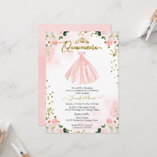 Invitation Robe Rose Fleurs Aquarelle Quinceanera